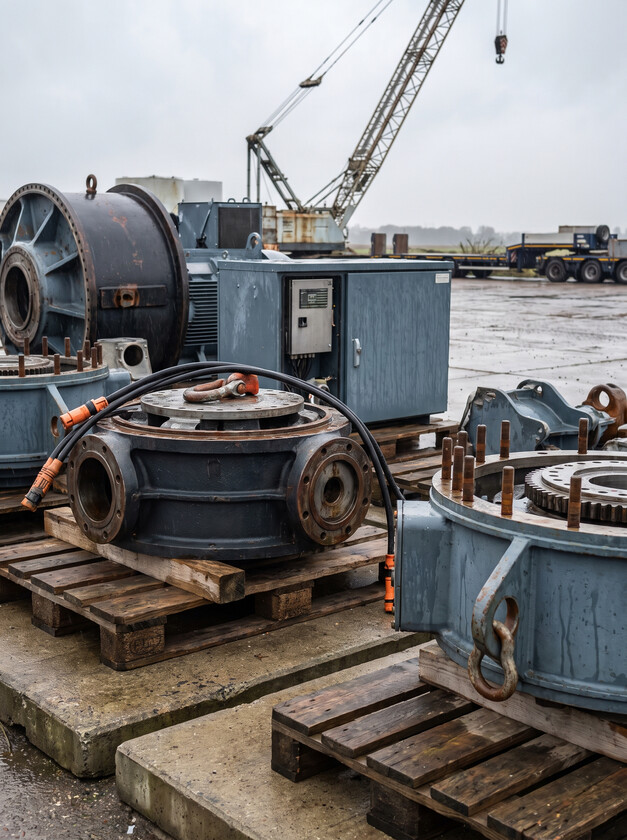 Wind turbine components staged on pallets at a European repowering site