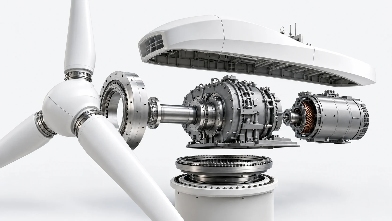 Conceptual three-blade wind turbine with its nacelle, drivetrain, generator and yaw bearing separated for inspection.